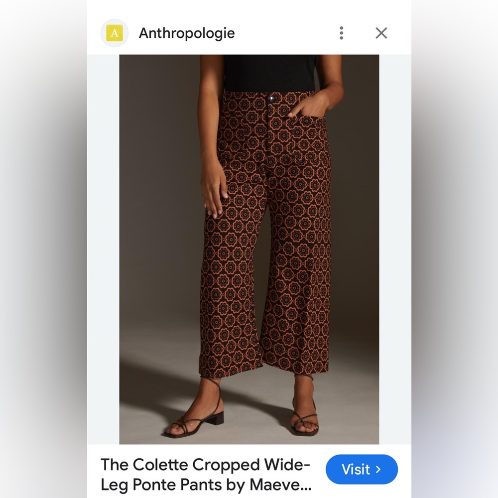 Anthropologie Colette Cropped Wide-Leg Ponte Pants in Black and Rust Floral
